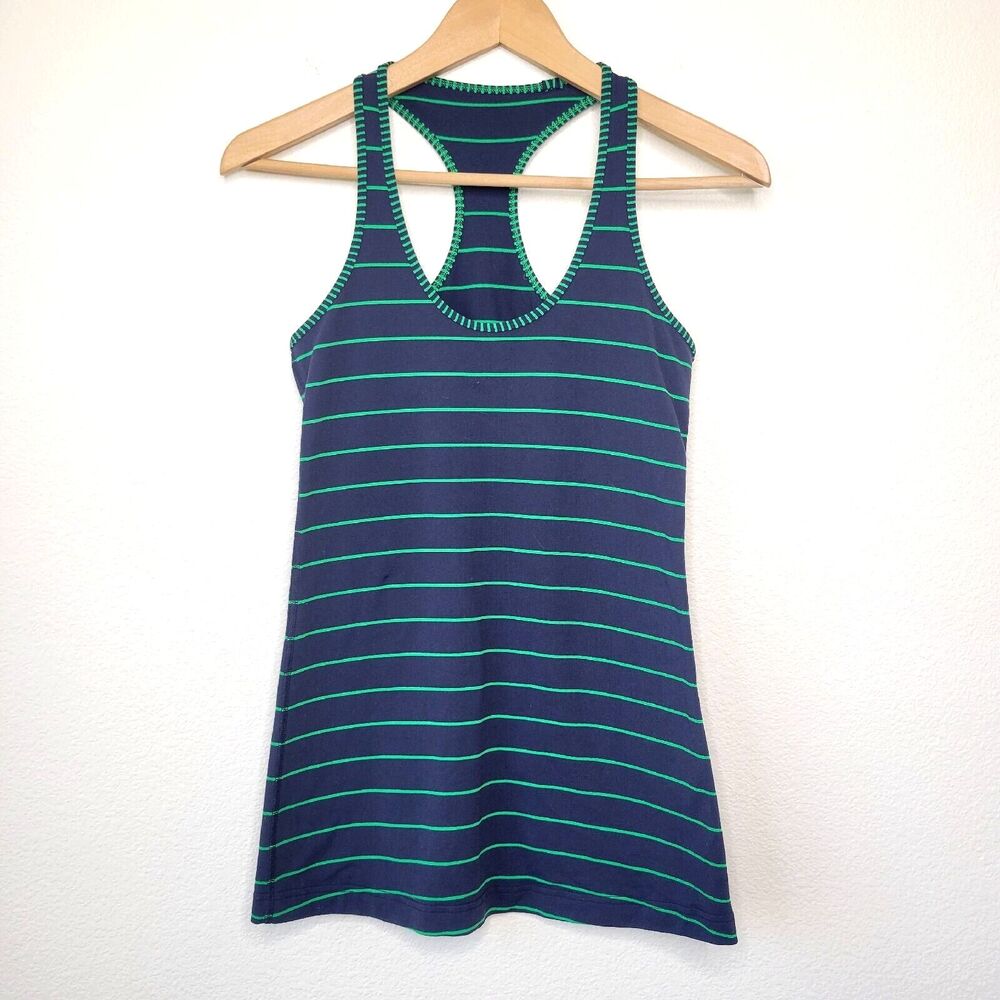 Lululemon Racerback Tank Top Inkwell Navy Blue Green Bean Stripe Gym Yoga